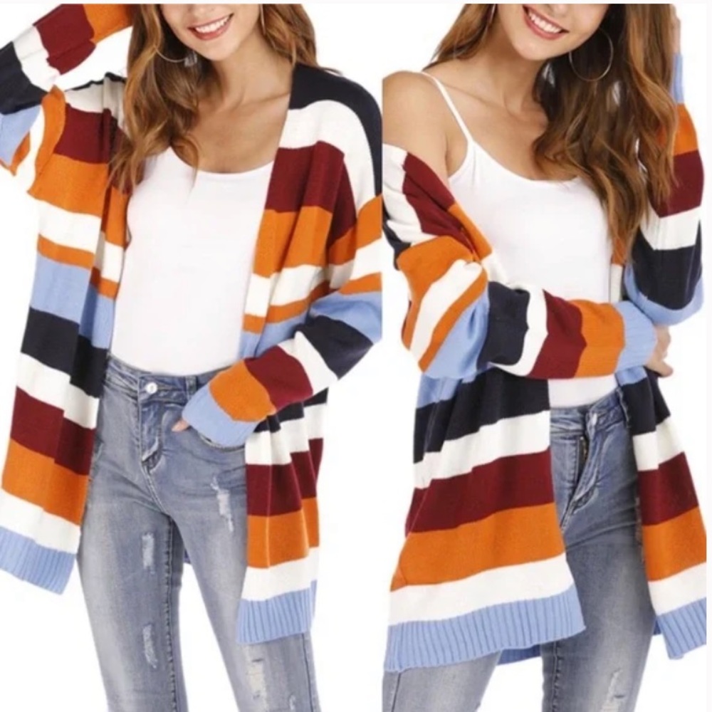 ECOWISH Color Block Stripe Brush Knit Open Cardigan Rainbow Orange Blue Medium